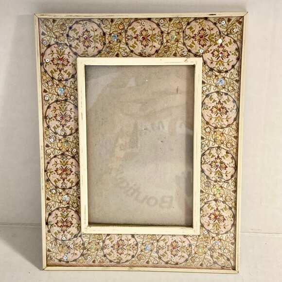 Vintage Fabric Sequin Bead Picture Photo Frame 4" X 6" Glass Shabby Cottage Core - Picture 3 of 11